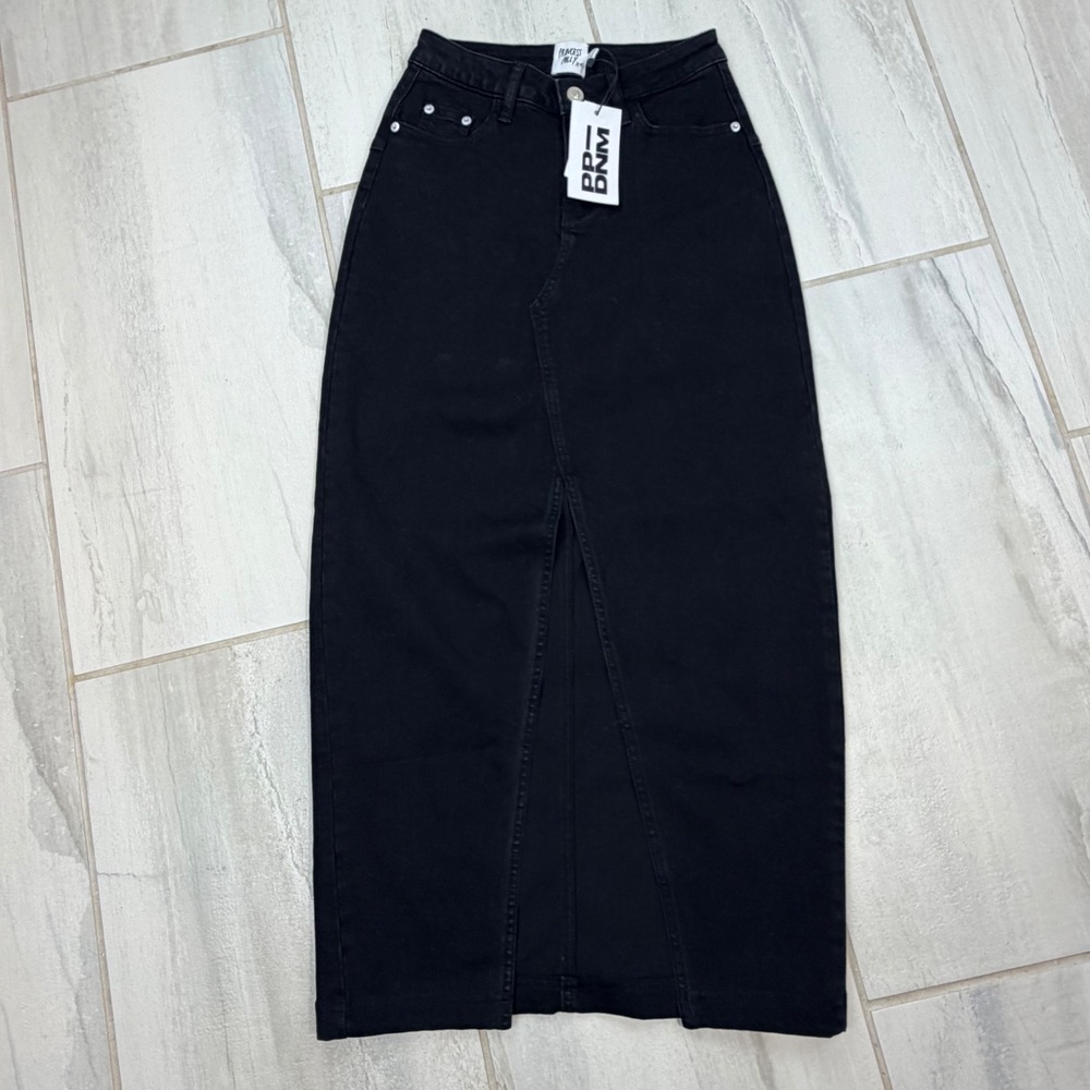 Princess Polly Black Denim Front Slit Maxi Skirt US 2 NWT